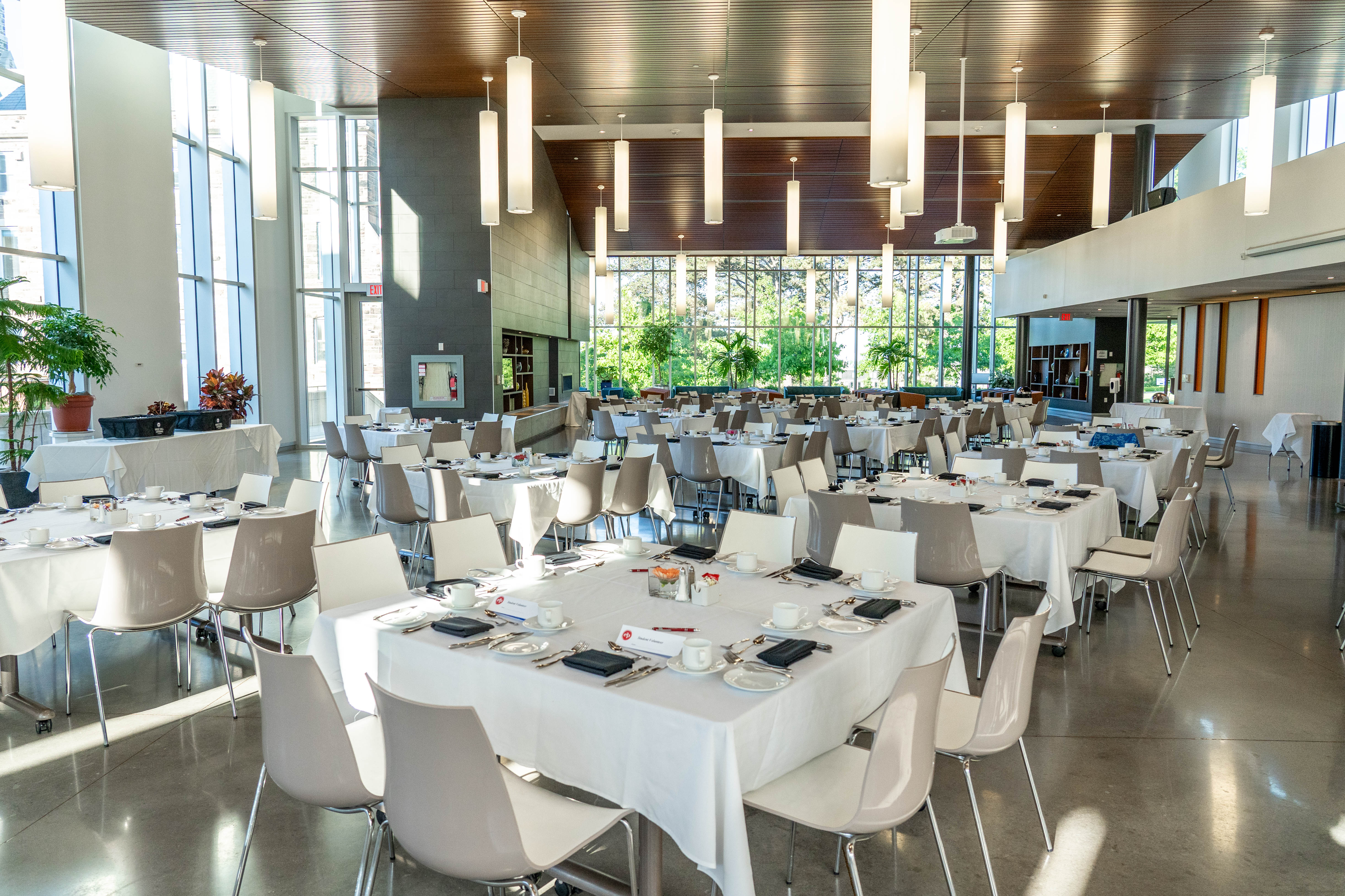 Tables set up in a dining hall